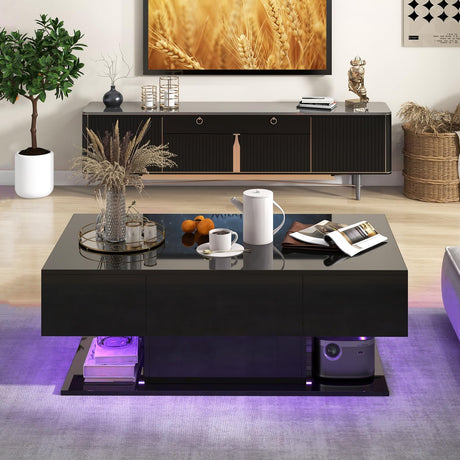 Giantex Modern LED Coffee Table - 2-Tier Center Table w/ 2 Storage Drawers, Adjustable Brightness & Speed, 20-Color Light, 43.5''L Rectangular High-Gloss Finished Table for Living Room (Black) Giantex