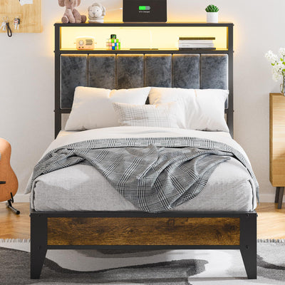OLEVS Twin Bed Frame with LED Light Storage Headboard and Charging Station Type C, Metal Platform Bed Twin Size,No Box Spring Needed, Noise Free, Easy Assembly