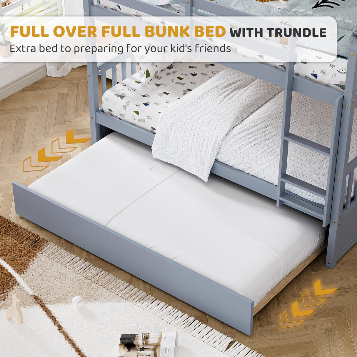 Rophefx Full Over Full Bunk Bed with Trundle, Wood Convertible Bunk Beds for Kids, Bunkbed Frame with Safety Rails and Ladders, Bunk Beds for for Adult, Teens, Grey Rophefx