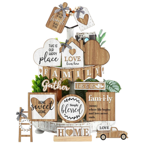 Farmhouse Tiered Tray Decor Set,Rustic Kitchen Decoration for Home,21PCS Wooden Signboards in The Original Wood Color,Table Centerpieces for Dining Room,Coffee Bar,Entryway Table(No Tray) MKER HOME