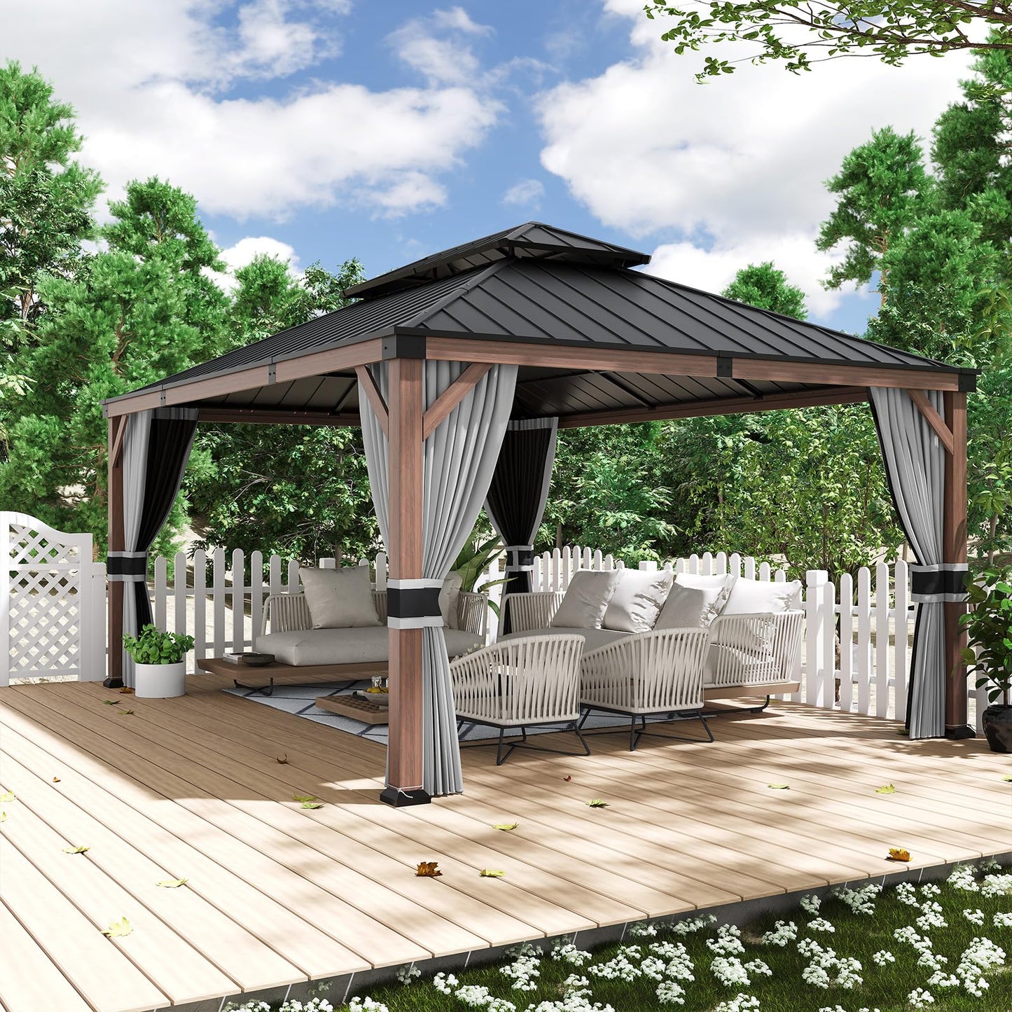 Amopatio 12' X 16' Wood Gazebo, Hardtop Gazebos with Galvanized Steel Double Roof, Metal Outdoor Permanent Aluminum Gazebo for Patio Deck Backyard