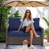 EortheX Outdoor Patio Loveseat,All-Weather Wicker Loveseat with Cushions – Rattan Outdoor 2 Person Sofa Furniture for Garden, Balcony, and Deck,Sectional Patio Love seat Sofa Set - Blue EortheX outdoor fancy