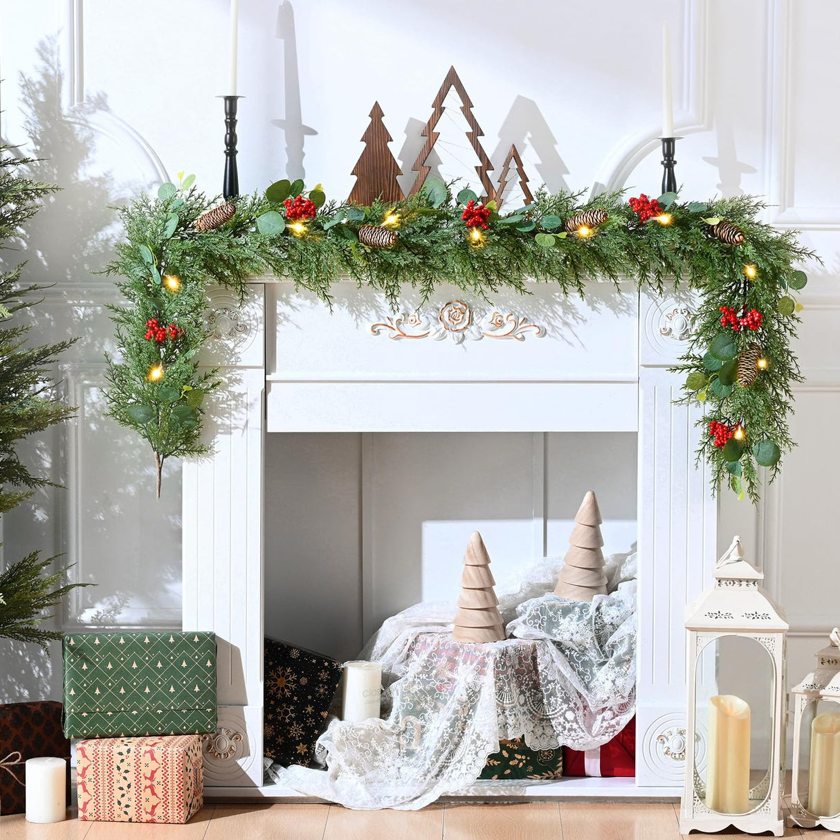 Waipfaru Christmas Decorations, 5.9FT Christmas Garland with Lights, Prelit Lighted Christmas Greenery Cedar Garland Cypress for Home Table Mantel Stair Railing Indoor Outdoor Xmas Decor Waipfaru