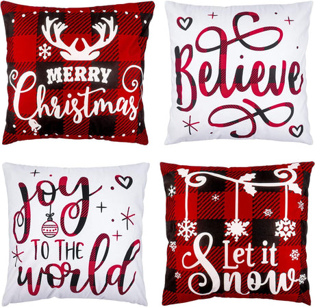 Christmas Pillow Covers 18x18 Set of 4 Winter Throw Pillow Covers Holiday Buffalo Plaid Pillow Covers Merry Christmas Pillows for Couch Sofa Home Decor Xmas Cushion Covers Indoor Decor Thicker Melonva