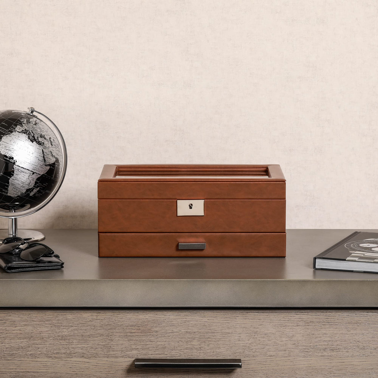 ROTHWELL 10-Slot Watch Box in Leather with Valet Drawer, Luxury Watch Case Display Organizer with Ultra Soft Microsuede Liner, Jewelry and Sunglass Holder With Large Glass top (Tan/Brown) ROTHWELL