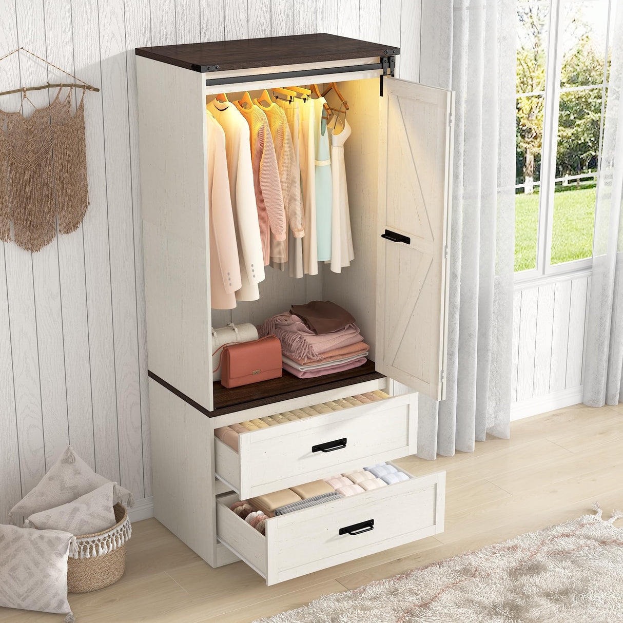 73" Tall Farmhouse 2 Doors Armoire Wardrobe Closet w/ Sliding Folding Door,2 Drawers,Closet Wardrobe Cabinet w/ LED Light,Hanging Rod for Bedroom,Wooden Wardrobe Armoire Cabinet,Rustic Brown chartustriable