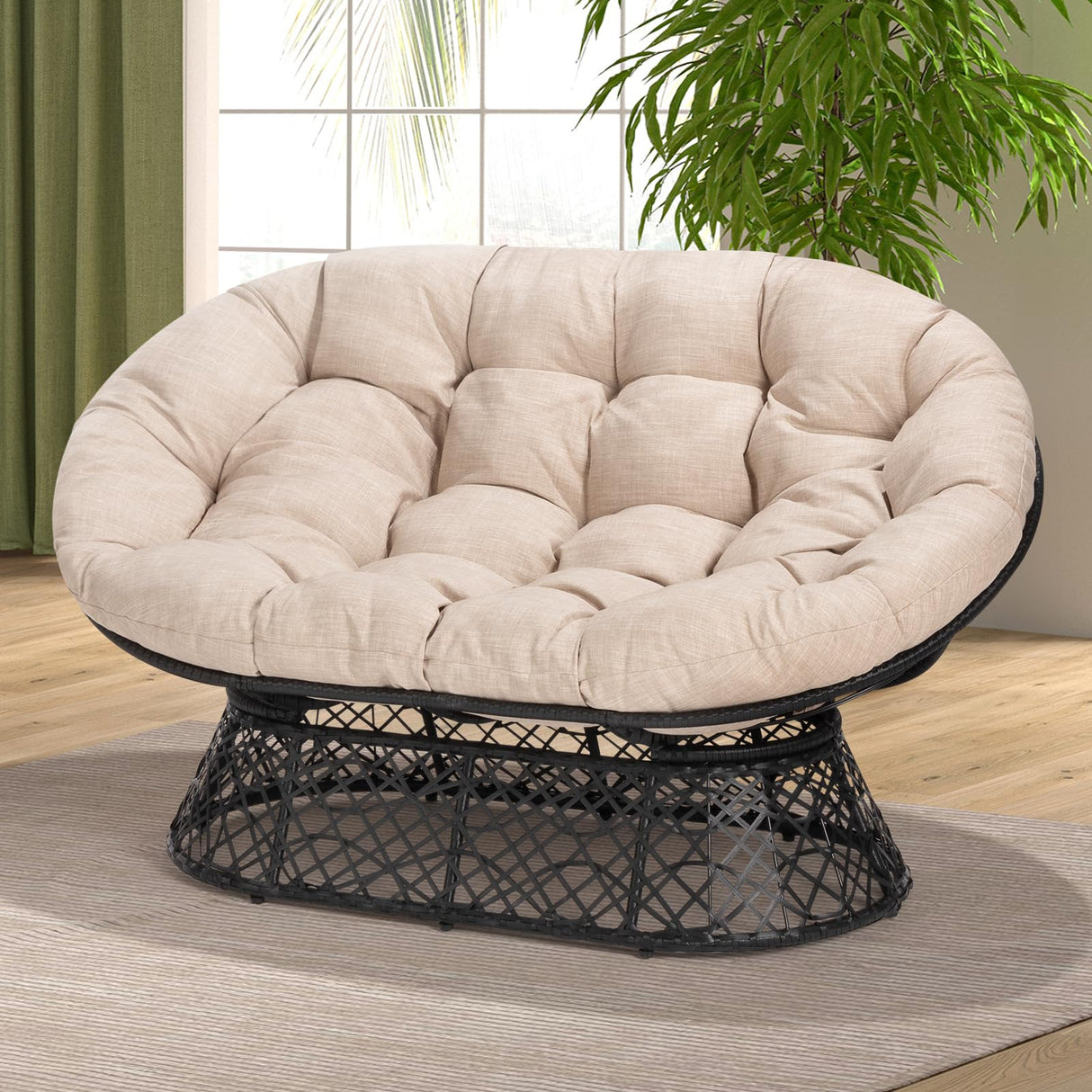 Bme 61" Beige - Black Frame Double Papasan Chair with 600lbs Capacity, Ergonomic Design, Soft Thick Fabric Cushion, High Capacity Steel Frame for Any Room Bme