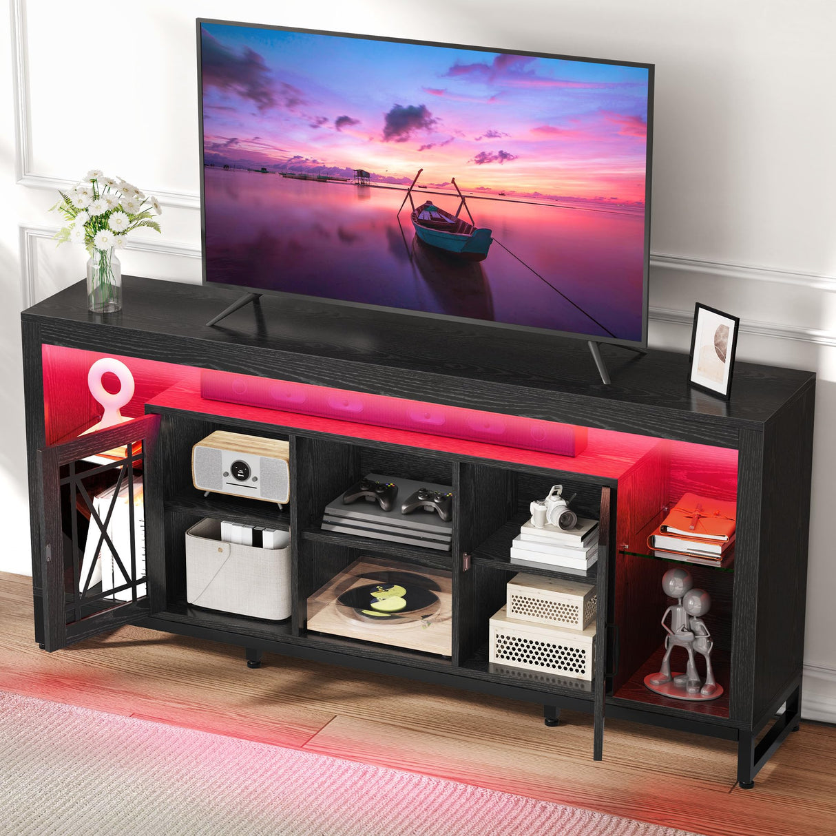 YITAHOME 33.5'' Tall TV Stand for 75 inch TV, LED Entertainment Center with Storage, Black TV Stands for Living Room with Acrylic Doors & Power Outlets, Tall TV Console Cabinet, Black YITAHOME