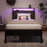 VECOCHO Twin Bed Frame with Charging Station and LED Lights,Upholstered Headboard with Storage Shelves,Heavy Duty Metal Slats, No Box Spring Needed,Noise Free, Easy Assembly,Black and Dark Grey VECOCHO