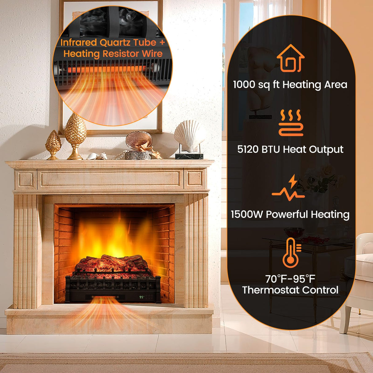 Tangkula 26” Infrared Quartz Electric Fireplace Log Heater with Realistic Pinewood Ember Bed, Electric Fireplace Heater Insert with Overheat Protection, Thermostat, 8H Timer, Remote Control, 1500W Tangkula