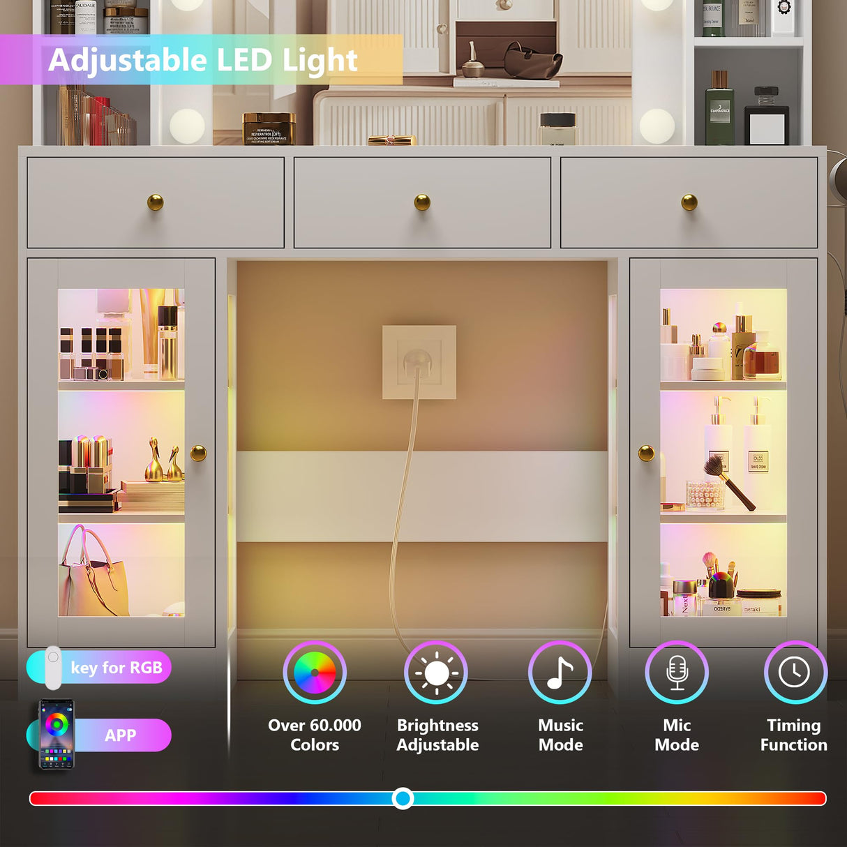 HUANLEGO White Vanity Desk with Mirror and Lights, Glass Top Vanity with Lighted Mirror & RGB Glass Cabinet and 3 Drawers, Makeup Vanity Desk with Lights Dressing Table for Bedroom, 3 Color Modes HUANLEGO