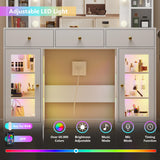 HUANLEGO White Vanity Desk with Mirror and Lights, Glass Top Vanity with Lighted Mirror & RGB Glass Cabinet and 3 Drawers, Makeup Vanity Desk with Lights Dressing Table for Bedroom, 3 Color Modes HUANLEGO