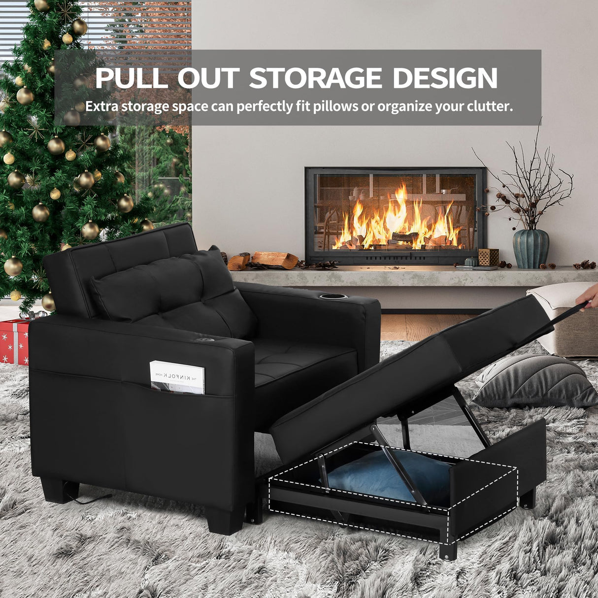 DURASPACE 39 inch Futon Chair Bed Convertible Chair 3-in-1 Pull Out Sleeper Reading Chair Beds with USB, Armchair Sleeper Bed for Living Room, Dorm, Small Space (Black Faux Leather) DURASPACE