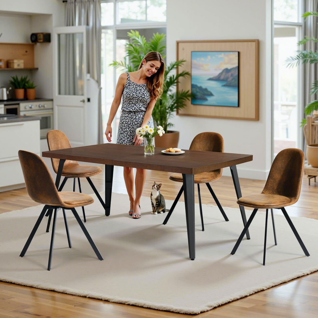 HomyCasa 5-Piece Mid-Century Dining Set, 63" Rectangular Table & 4 Swivel Upholstered Chairs (Fabric/Suede), Sturdy Metal Frame, Perfect for Kitchen, Dining Room, Office, or Restaurant (Brown & Brown) Homy Casa