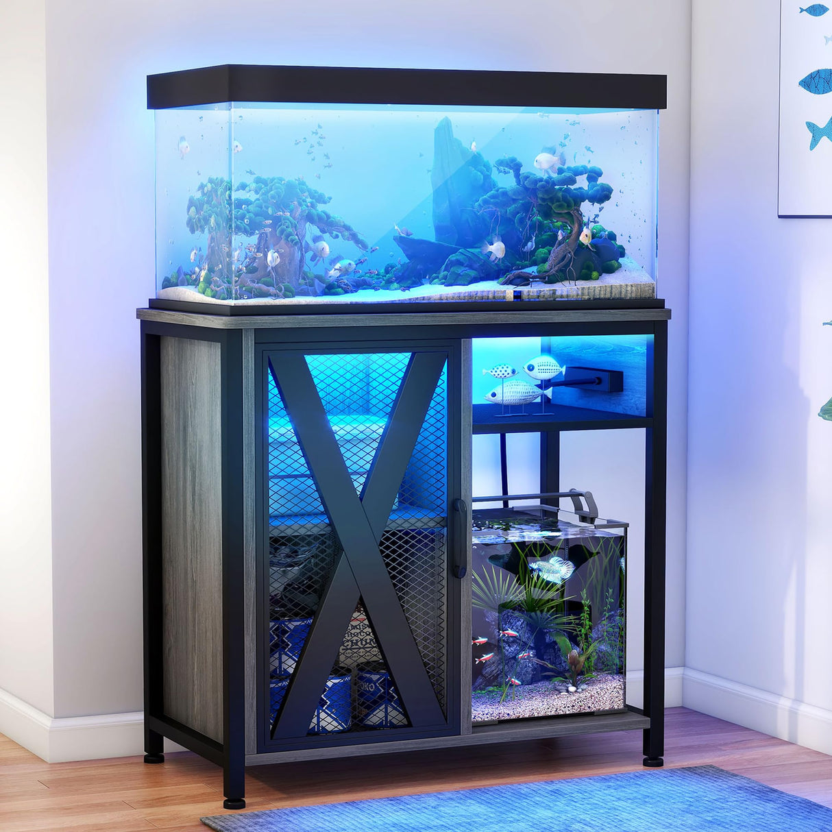 DWVO 20-29 Gallon Aquarium Stand with Power Outlets & LED Light, Cabinet for Fish Tank Accessories Storage - Metal Fish Tank Stand Suitable for Turtle Tank, Reptile Terrarium, 350LBS Capacity, Grey DWVO
