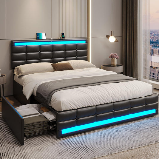 Elegant ADORNEVE Queen Bed Frame with LED Lights, Leather Platform and Storage Drawers, Adjustable Headboard, No Box Spring Needed - Black - WoodArtSupply