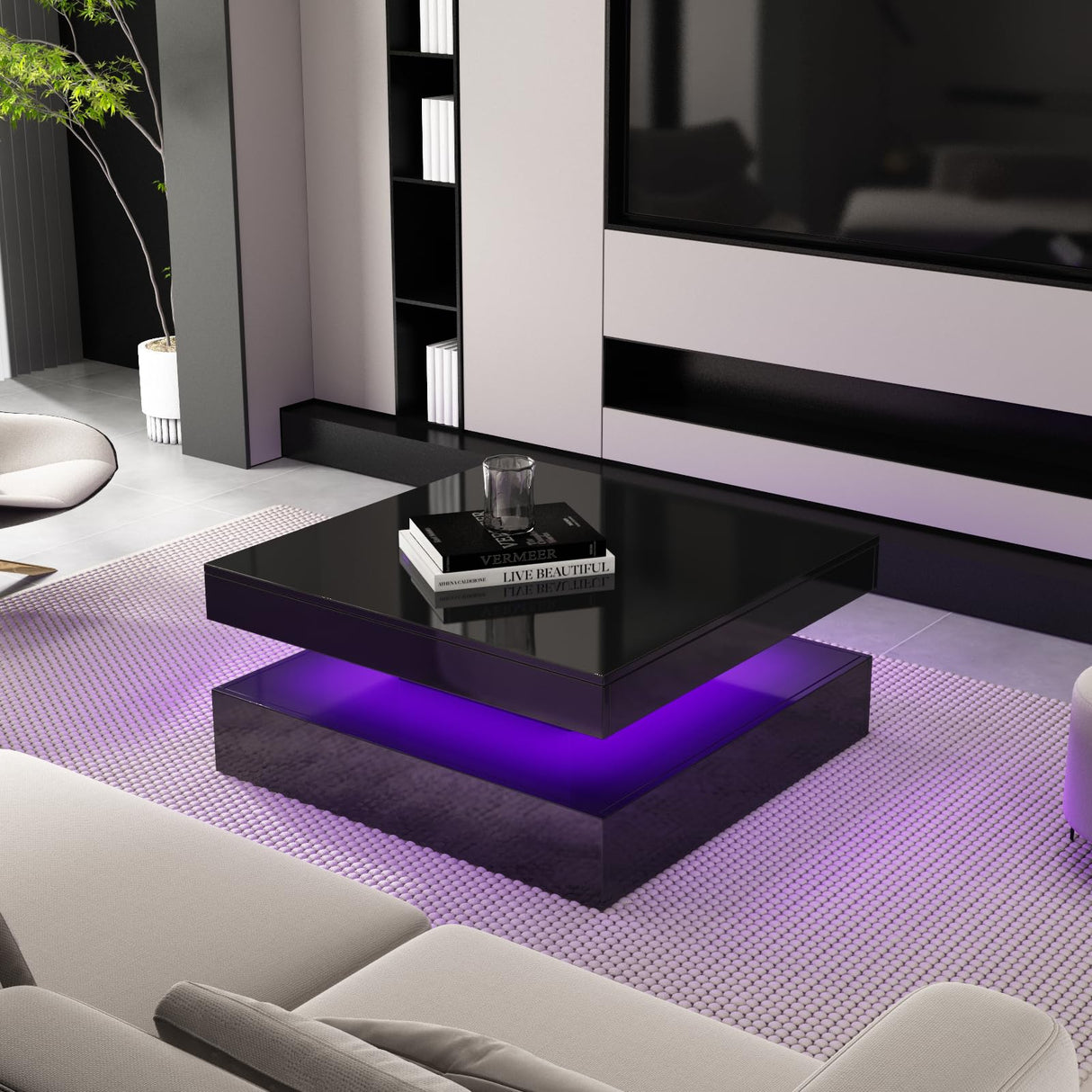 Black Coffee Table Square with LED Lights, High Glossy Center Table with Storage, Lighted Cocktail Table with Sliding Drawers, Modern Mid Century Table for Living Room, Home and Office Generic