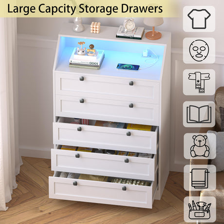 Wodeer White Dresser Tall 5 Drawer Dresser for Bedroom, Wood Chest of Drawers with LED Lights, Charging Station, Metal Handles, Modern Storage Cabinet and Organizer Drawers for Living Room, Hallway Wodeer