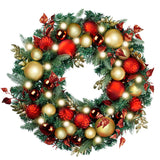 WANNA-CUL Pre-Lit 30 Inch Large Christmas Wreath for Front Door with 50 Led Lights,Luxury Red Gold Lighted Christmas Door Wreath Decor with Ball Ornaments, Battery Operated WANNA-CUL