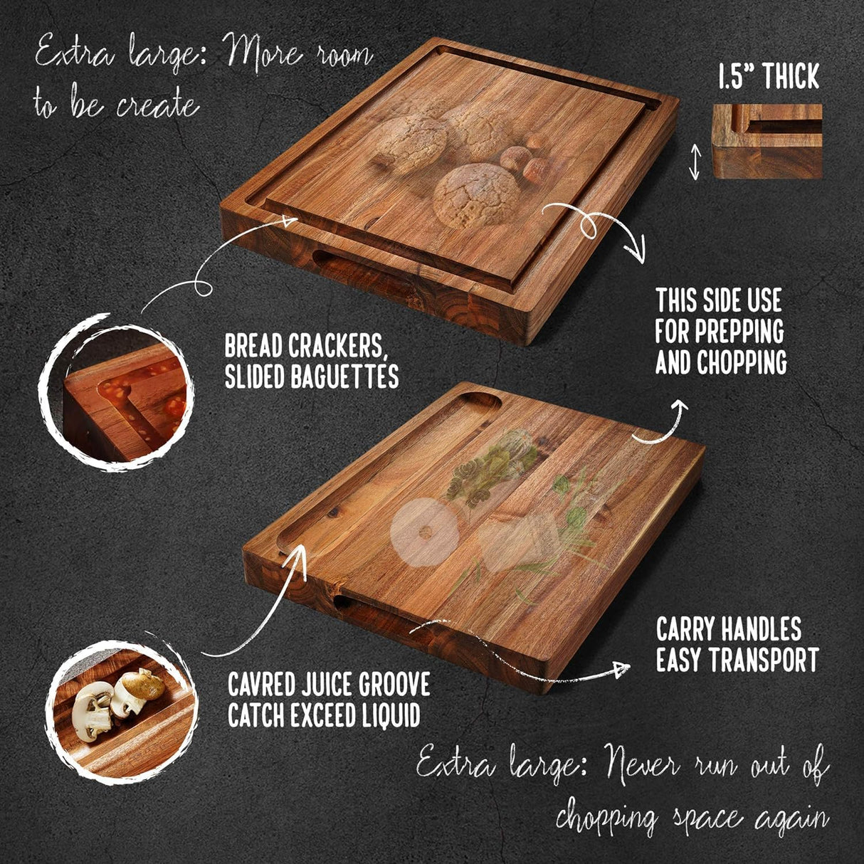 Acacia Wood Cutting Board (17x13x1.5in) and Wooden Butcher Block, Chopping Board - Reversible Multipurpose For Meat, Cheese Board, Vegetables, FANICHI