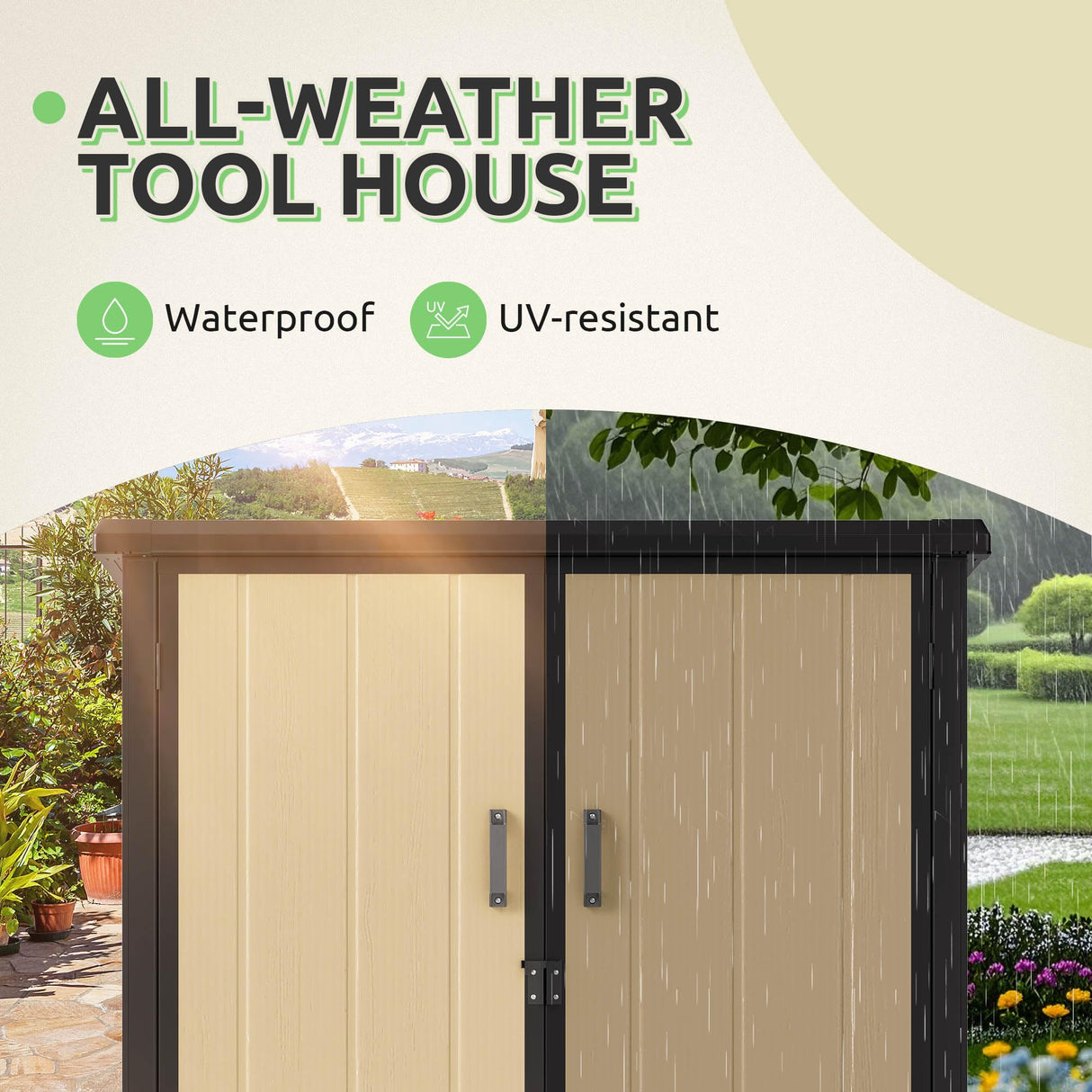 GOOBED Outdoor Storage Shed with 2 Adjustable Shelves, 49 Cu Ft Waterproof Vertical Garden Tool Shed with Lockable Door, Plastic Tall Tool Cabinet for Backyard Garden Patio Lawn, Brown GOOBED