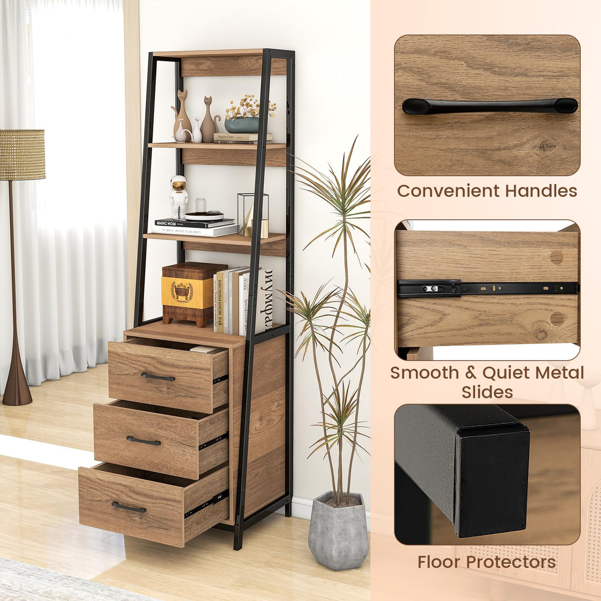 Giantex Ladder Bookshelf with Drawers, 69" Tall Wooden Bookcase with 4 Shelves, Modern Book Shelf Storage Organizer Unit, Freestanding Display Shelving Rack for Living Room, Bedroom (Brown) Giantex
