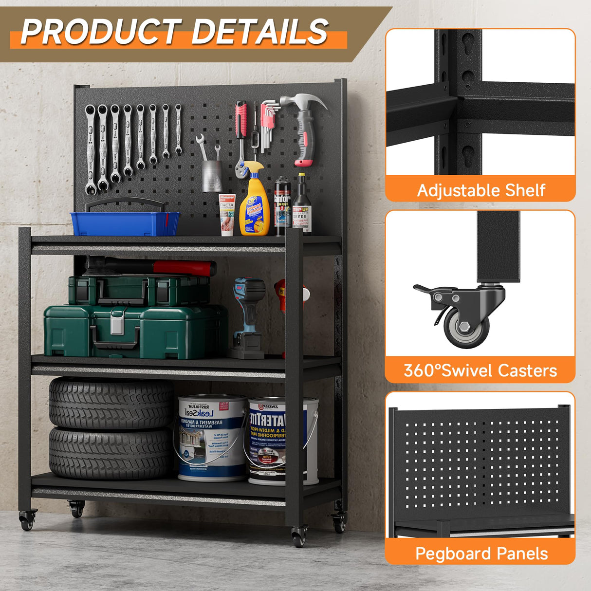 TOPASS WorkBench with Pegboard, Adjustable Heavy Duty Work Table with Wheels, Heavy Duty Workstation, Metal Tool Work Bench for Garage Warehouse Workshop, 48" H x 18" D x 34" W(with Pegboard) Topass