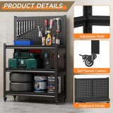 TOPASS WorkBench with Pegboard, Adjustable Heavy Duty Work Table with Wheels, Heavy Duty Workstation, Metal Tool Work Bench for Garage Warehouse Workshop, 48" H x 18" D x 34" W(with Pegboard) Topass