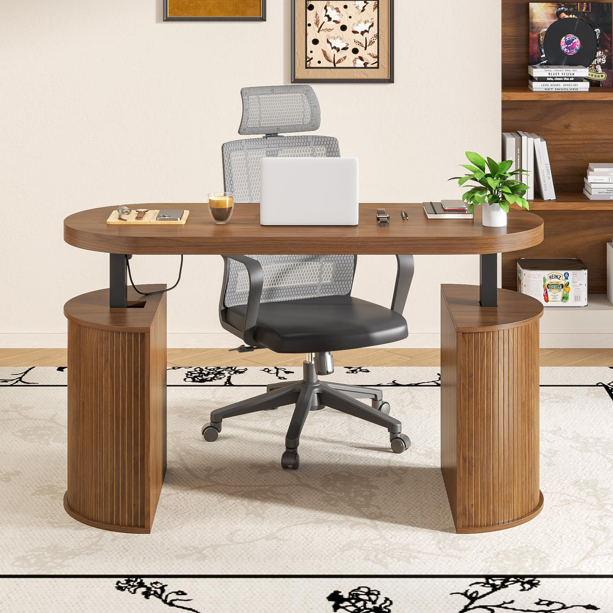 Xyulmeo Mid Century Modern Electric Standing Desk with Storage, 55 x 22 Inch Small Sit Stand Up Desk, Wood Adjustable Height Computer Executive Desk for Home Office, Laptop, Walnut Xyulmeo