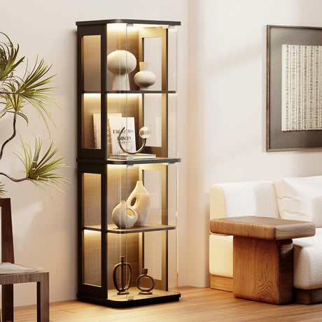 BROTTAR Rounded Display Cabinet with Glass Door, 4-Tier Curio Cabinet with 3 Color Lights for Collectibles, Glass Display Case with Transparent Full-Display Surface, Human Body Sensor, Black BROTTAR