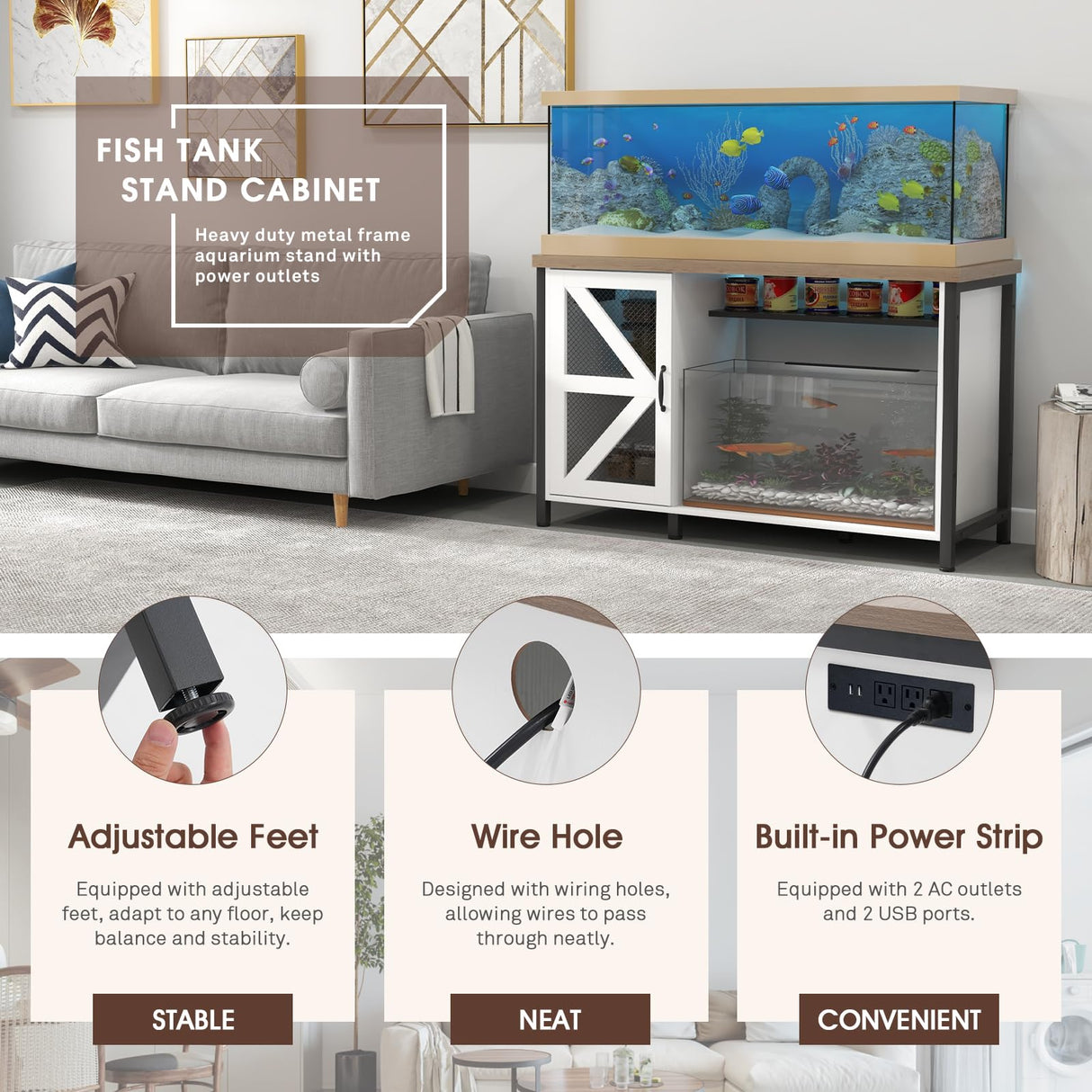 OC Orange-Casual 55-75 Gallon Aquarium Stand with Power Outlets & LED Light, Fish Tank Stand with Cabinet for Fish Tank Accessories Storage, Heavy Duty Metal Frame, 1100LBS Capacity (White) OC Orange-Casual