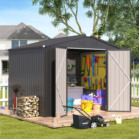 AECOJOY Shed 8' x 6' Metal Storage Shed for Outdoor, Dark Grey Steel Backyard Shed (53 Sq.Ft Land) with Design of Lockable Doors, Utility and Tool Storage for Garden, Backyard, Patio, Outside use AECOJOY