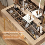 48" Fluted Makeup Vanity Desk with Sliding Mirror and Lights, Wooden Dressing Table with 5 Drawers and Adjustable Shelves,Makeup Vanity Table Modern Glass Top with Charging Station for Bedroom (Oak) TTSITG