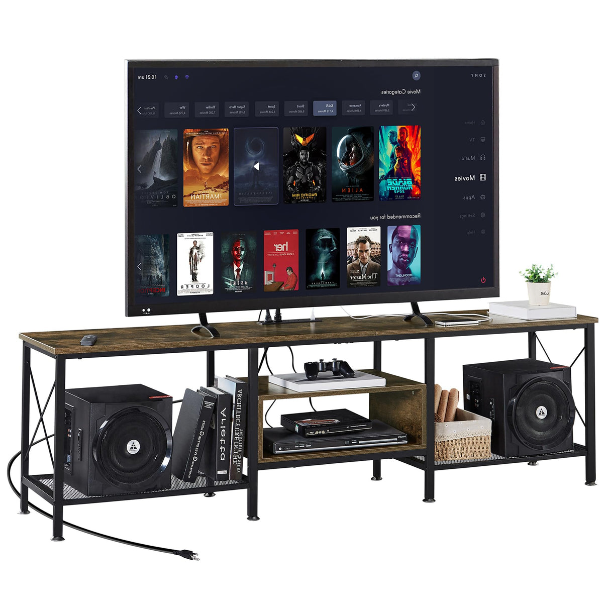VECELO TV Stand with Power Outlets for 75 Inch Industria Media Entertainment Center with Charging Station, 3-Tier Open Shelves & Metal Frame for Living Room, Bedroom, 70 Inch, Brown VECELO