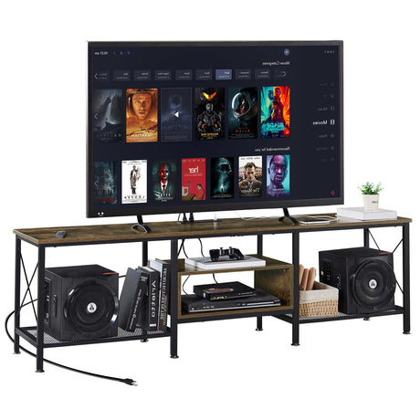 VECELO TV Stand with Power Outlets for 75 Inch Industria Media Entertainment Center with Charging Station, 3-Tier Open Shelves & Metal Frame for Living Room, Bedroom, 70 Inch, Brown VECELO