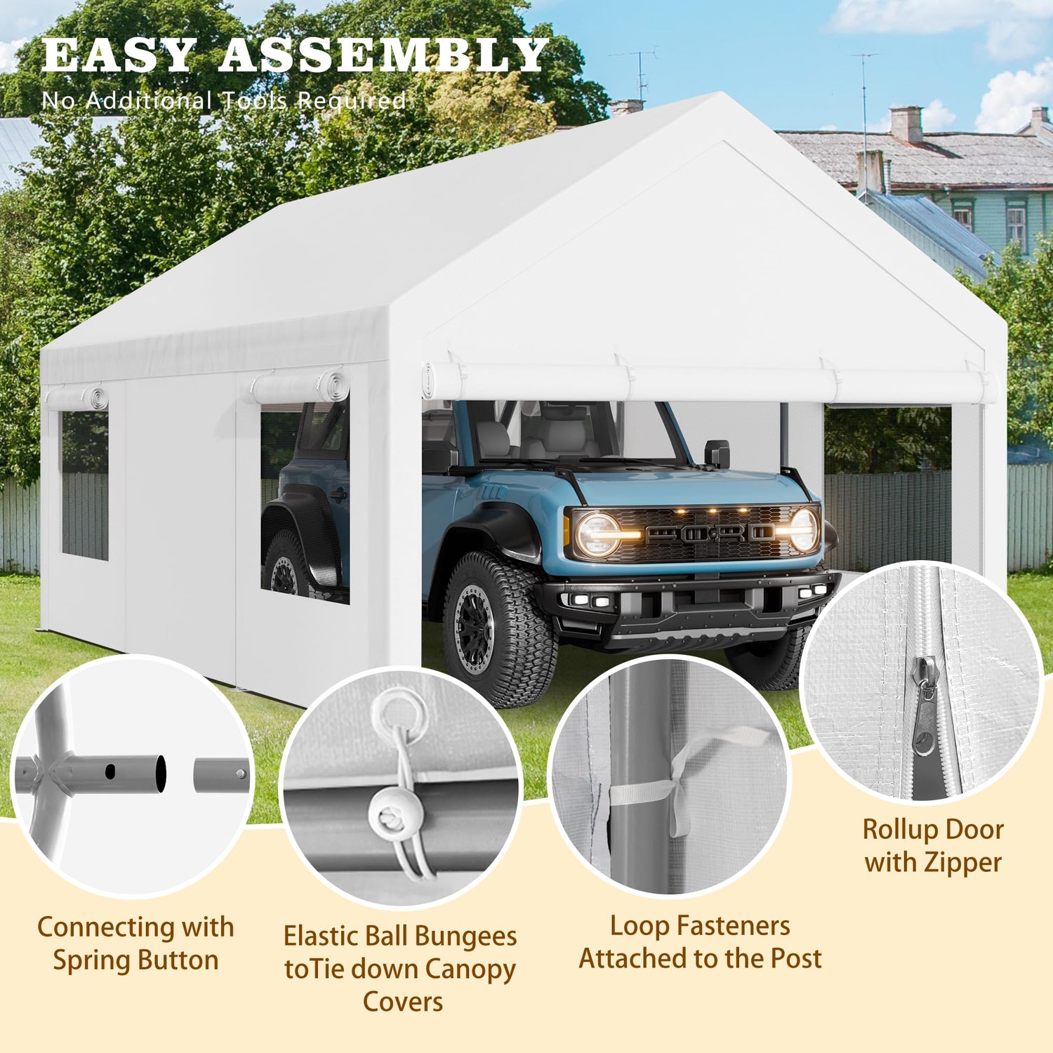 Walsunny Carport 10x20ft Heavy Duty Carport Canopy with Roll-up Ventilated Windows, Portable Garage with Removable Sidewalls, Car Canopy with All-Season Tarp for Car, SUV, Truck, Boat Walsunny