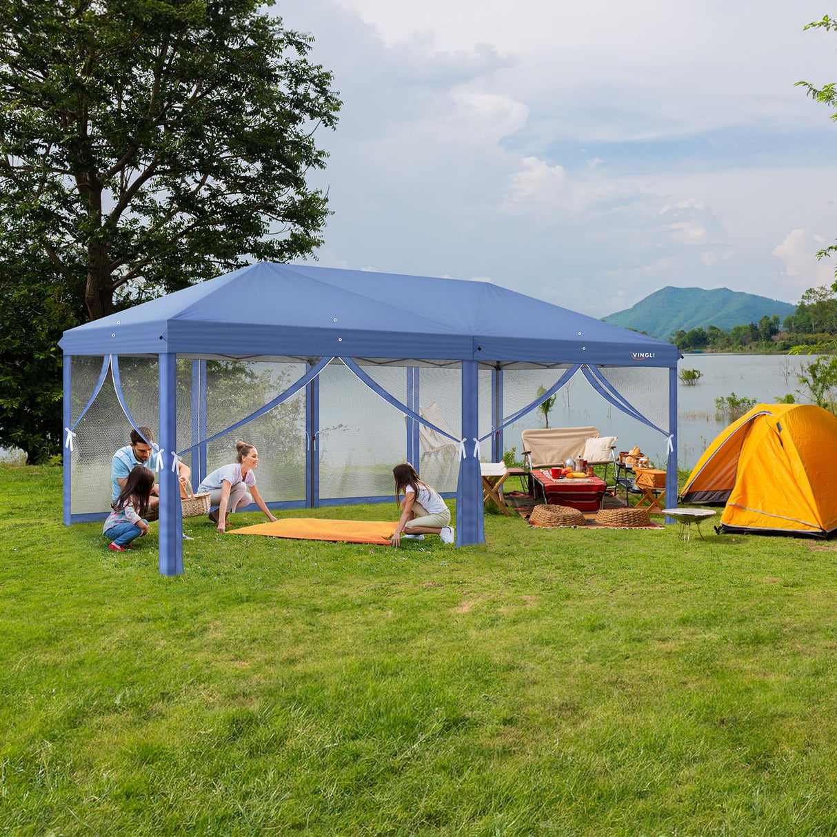 VINGLI 10x20 Pop Up Canopy with Sidewalls Wheeled Bag Easy Up Canopy Tent with Nettings, Screened in Gazebo for Camping Screened Canopy (Blue, 10x20) VINGLI