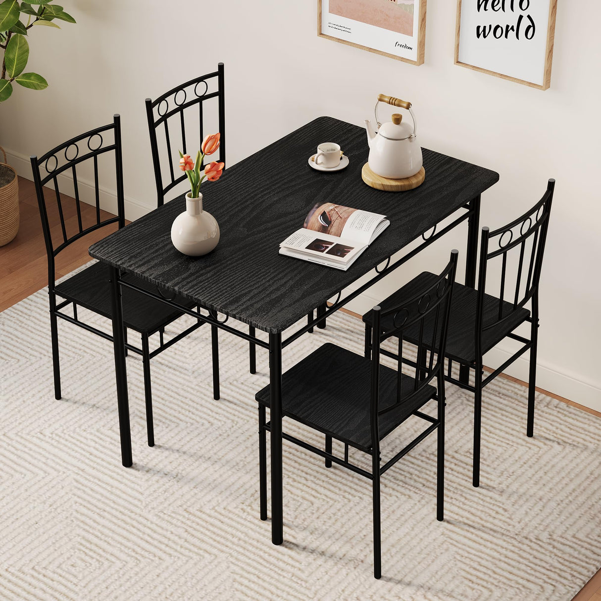 Vipbear Kitchen Dining Table Set for 4, 5-Piece Kitchen Table Set,Dining Room Table Sets,Rectangular Kitchen Table Set with 4 Chairs for Small Space, Dinette,Apartment,Rustic Black Vipbear