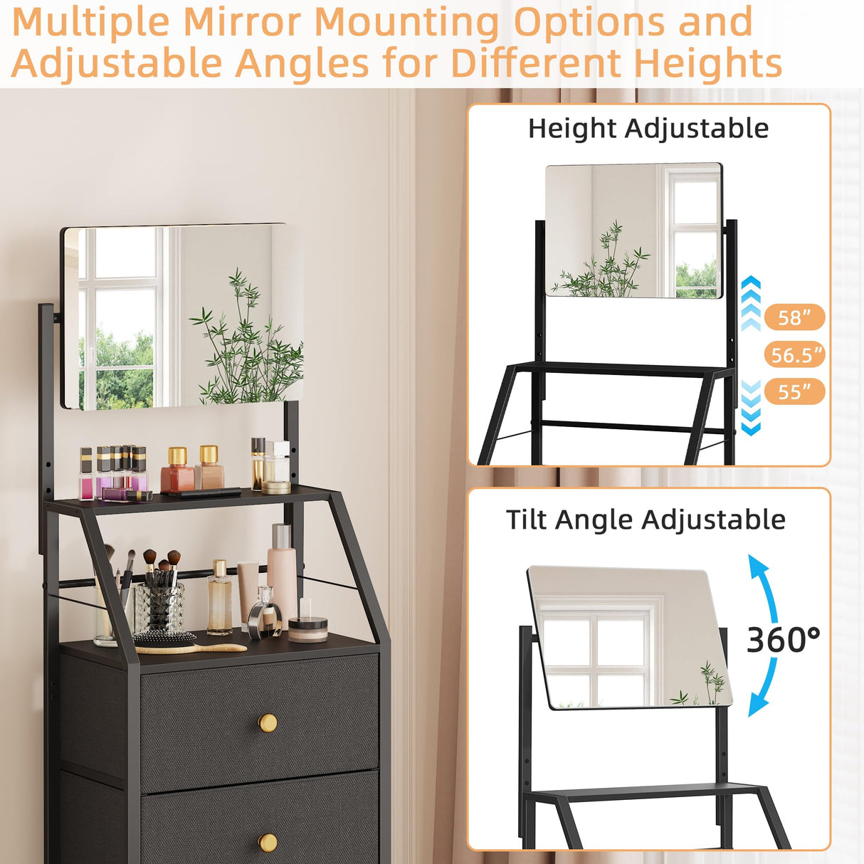 HIGDBFE Dresser with Mirror, 4 Drawers Dresser with 2-Tier Shelves, Freestanding Fabric Chest of Drawers for Small Space, Tall Narrow Nightstand Vanity for Bedroom, Hallway, Dorm, Black, 15.3" W HIGDBFE