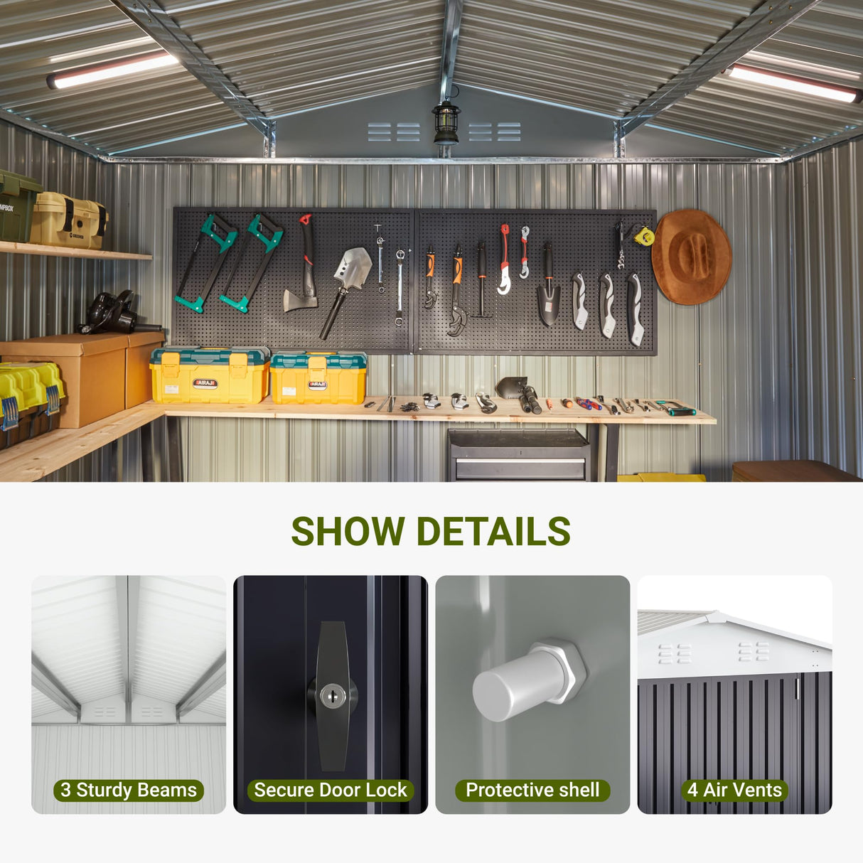 Polar Aurora 10x14 Outdoor Storage Shed, Garden Shed with Updated Frame Structure and Lockable Doors, Metal Tool Sheds for Backyard Garden Patio Lawn, White Polar Aurora