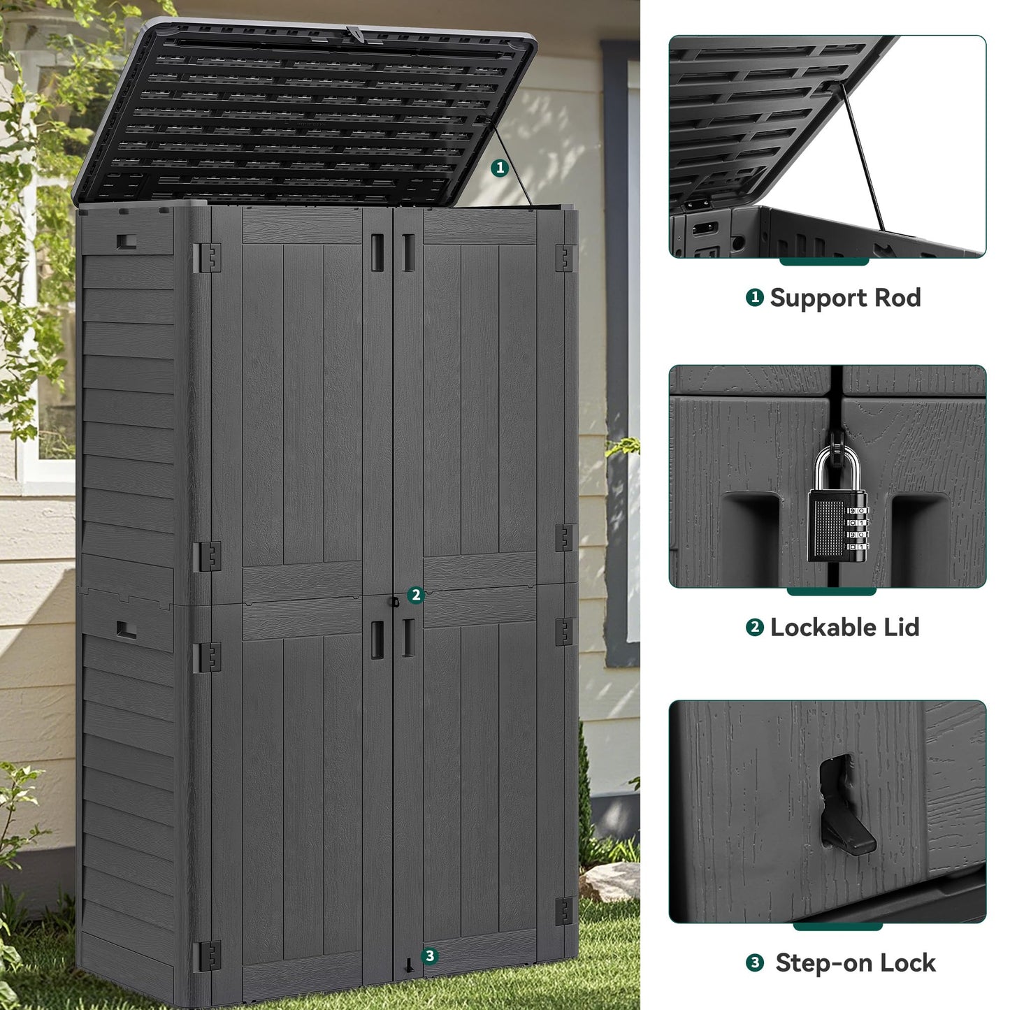 YITAHOME 50 cuft Vertical Outdoor Storage Shed with Shelf, Large Waterproof Storage Cabinet for Garden Shed, Tall Outdoor Storage Shed for Garage, Pool Storage, Resin, Lockable, Dark Gray