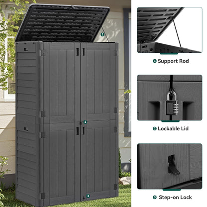 YITAHOME 50 cuft Vertical Outdoor Storage Shed with Shelf, Large Waterproof Storage Cabinet for Garden Shed, Tall Outdoor Storage Shed for Garage, Pool Storage, Resin, Lockable, Dark Gray