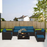 YLGJ&TIDY 7-Piece Outdoor Sectional Patio Furniture Set, All-Weather Wicker Rattan Sofa w/Thick Washable Cushions & Tempered Glass Table, Perfect for Garden, Poolside, Backyard (Darkbrown&Lake Blue) YLGJ&TIDY