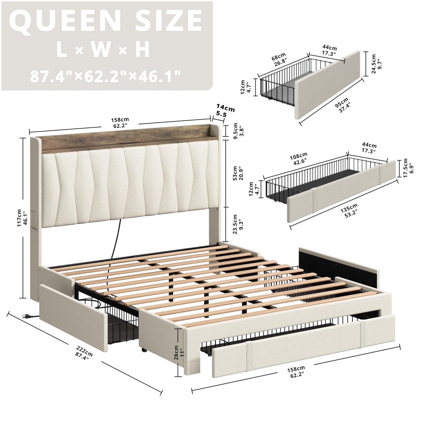 ANTCOR Upholstered Queen Bed Frame with 3 Storage Drawers and Charging Station in Beige - WoodArtSupply