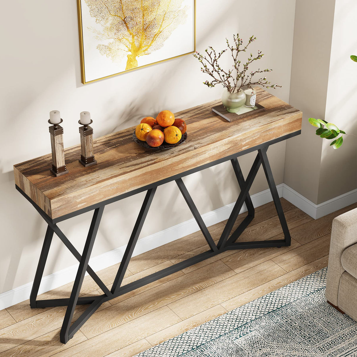 Tribesigns 55 Inches Console Table, Farmhouse Sofa Table Wood Entryway Table with Unique Metal Base, Behind The Couch Table Foyer Table, Industrial Accent Table for Hallway, Living Room, Entrance Tribesigns