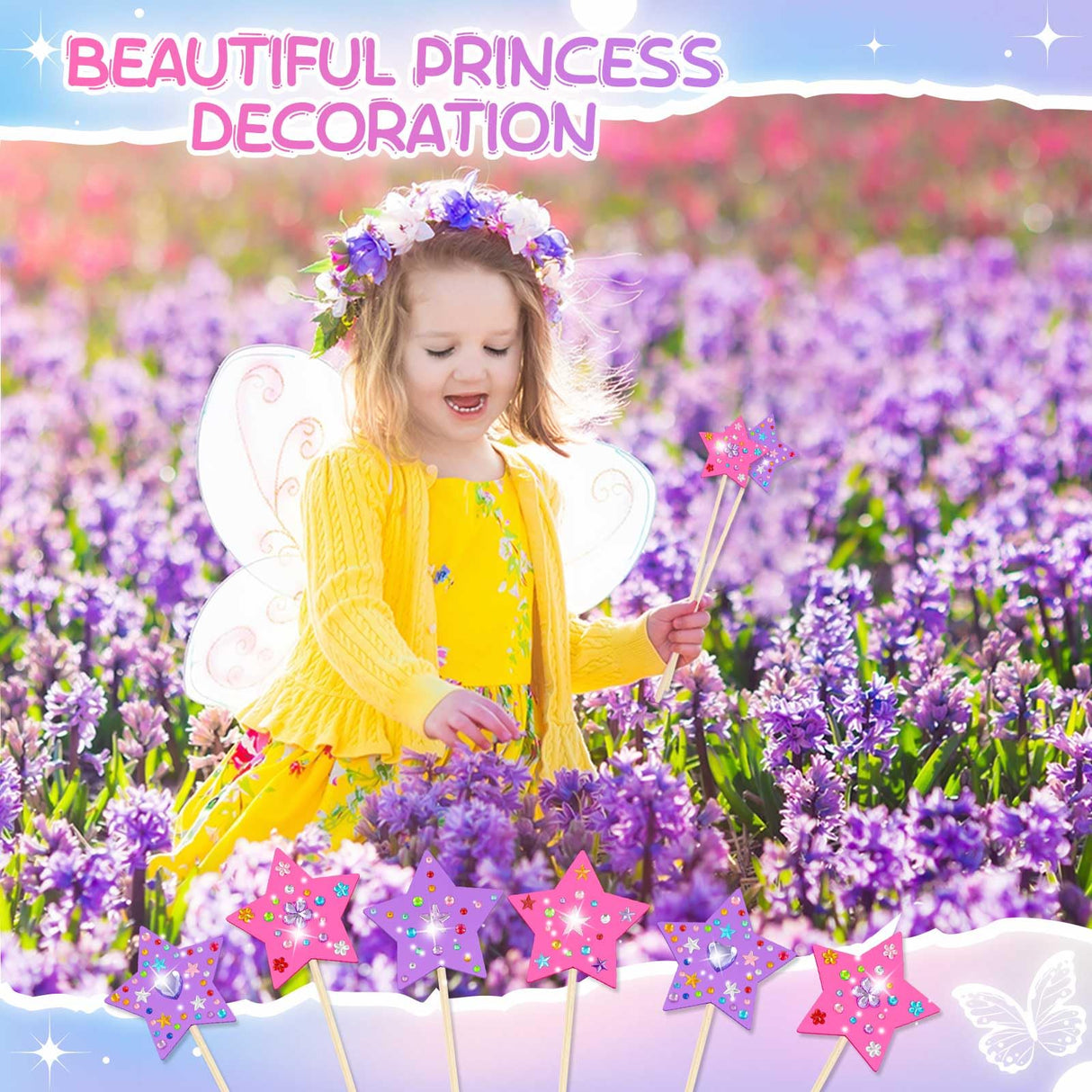 Juexica 60 Pcs Princess Fairy Wand Kit Includes 48 Make Your Own Princess Craft Unfinished Wooden Fairy Wand and 12 Gem Stickers for Girls DIY Magical Crafts Juexica