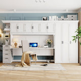SOFTSEA Twin Size Horizontal Murphy Bed with Desk, Foldable Wall Bed Frame with 3-Door Wardrobe, Drawers & Shelves, Space-Saving Hideaway Bed for Small Space, Apartment, White SOFTSEA