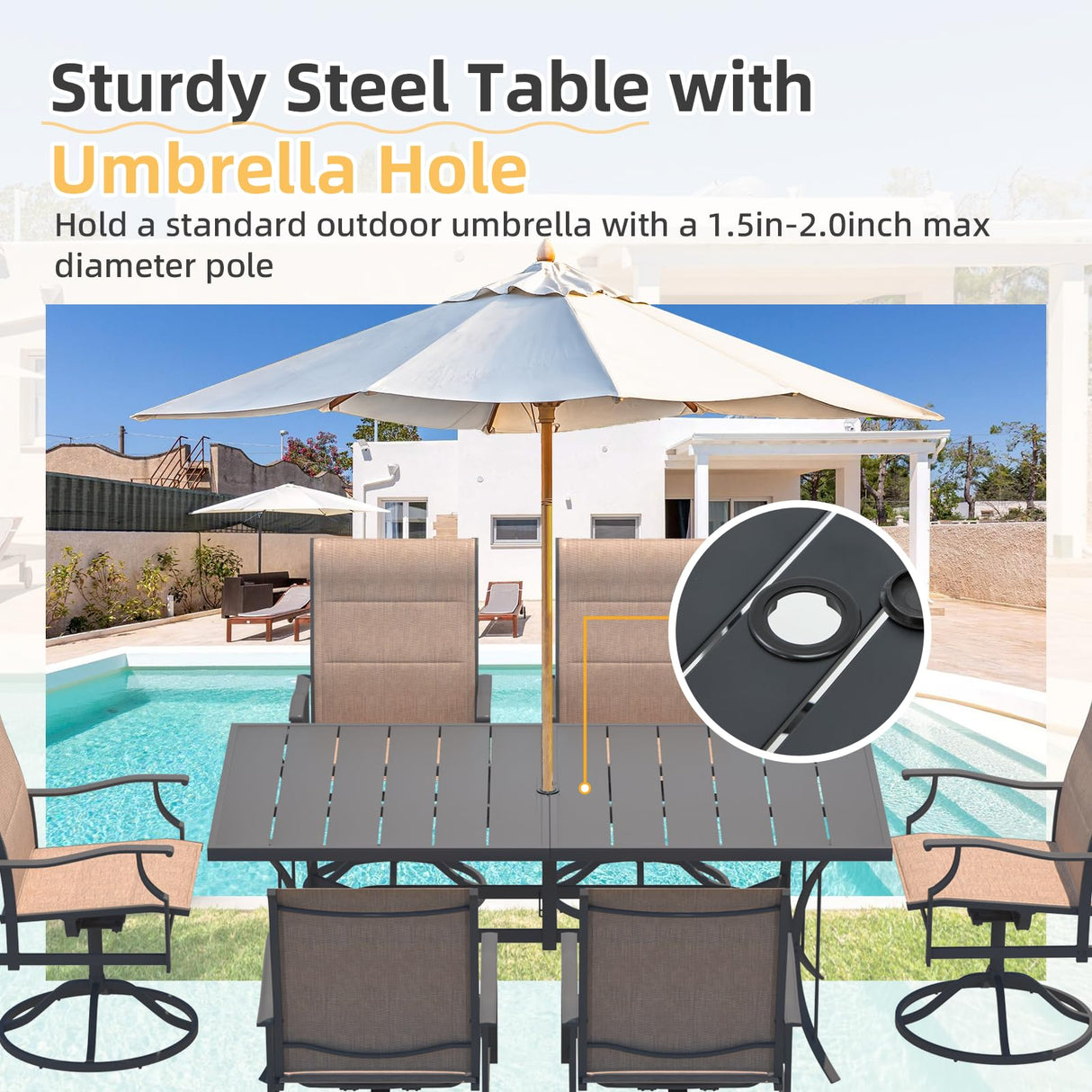 7-Piece Outdoor Patio Dining Set with 6 Swivel Rocker Chairs, Rectangular Metal Table with Umbrella Hole, 6-Person Patio Table and Chairs furniture for Backyard, poolside, Balcony and Garden Brown BUPPLEE