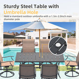 7-Piece Outdoor Patio Dining Set with 6 Swivel Rocker Chairs, Rectangular Metal Table with Umbrella Hole, 6-Person Patio Table and Chairs furniture for Backyard, poolside, Balcony and Garden Brown BUPPLEE