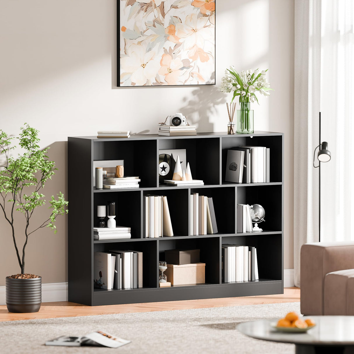 Cozy Castle Black Bookshelf, 3-Tier Open Shelf Bookcase, 10 Cube Storage Organizer with Anti-Tilt Device, Freestanding Horizontal Bookshelf Cube Shelf for Bedroom, Living Room, Office Cozy Castle